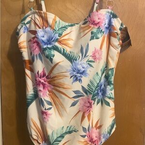 Floral Tropical One-Piece Swimsuit - Cream with Pink & Blue Flowers